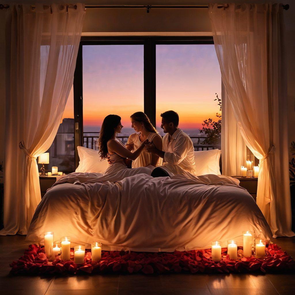 A warm and inviting bedroom scene, featuring a cozy bed adorned with soft, luxurious fabrics and flickering candles casting a gentle glow. Silhouettes of a couple embracing, surrounded by rose petals and delicate artwork symbolizing intimacy, showcasing a sense of passion and connection. The background hints at a sunset sky through open curtains, creating an atmosphere of romance and desire. soft focus, warm colors, painting.