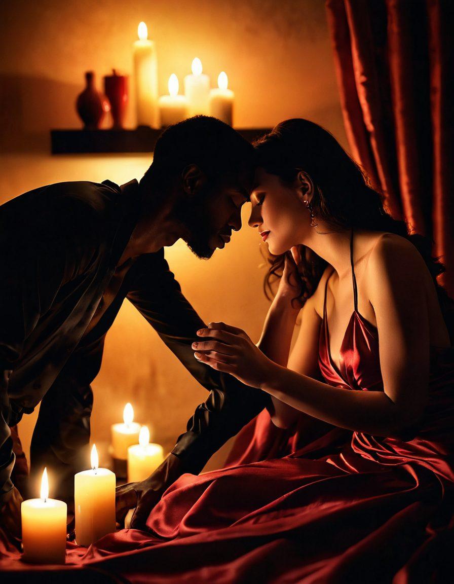 A romantic scene showcasing a couple engaged in playful flirting, surrounded by soft candlelight and draped satin fabrics. Explore subtle hints of sensuality with close-ups of hands entwined and lips nearly touching, suggesting intimacy. The background features shadows and silhouettes of luxurious decor that evoke a sense of mystery. Use warm tones and rich textures to create an inviting atmosphere. super-realistic. vibrant colors. soft focus.